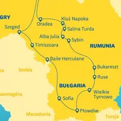 Mapa Europy Środkowej z zaznaczonymi trasami podróży przez Węgry, Serbię i Rumunię do Bułgarii.