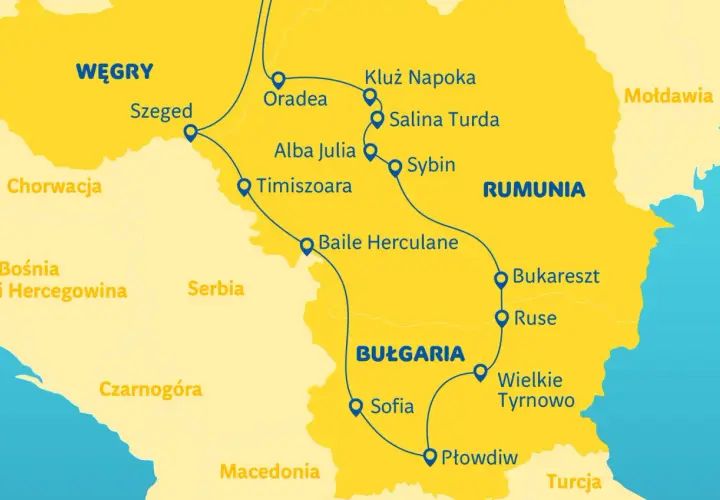 Mapa Europy Środkowej z zaznaczonymi trasami podróży przez Węgry, Serbię i Rumunię do Bułgarii.