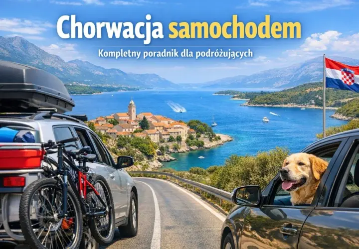 Dwa samochody na drodze z widokiem na chorwackie miasteczko i morze. Pies w oknie.