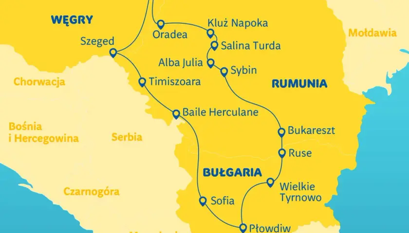 Mapa Europy Środkowej z zaznaczonymi trasami podróży przez Węgry, Serbię i Rumunię do Bułgarii.