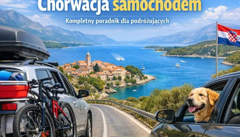 Dwa samochody na drodze z widokiem na chorwackie miasteczko i morze. Pies w oknie.