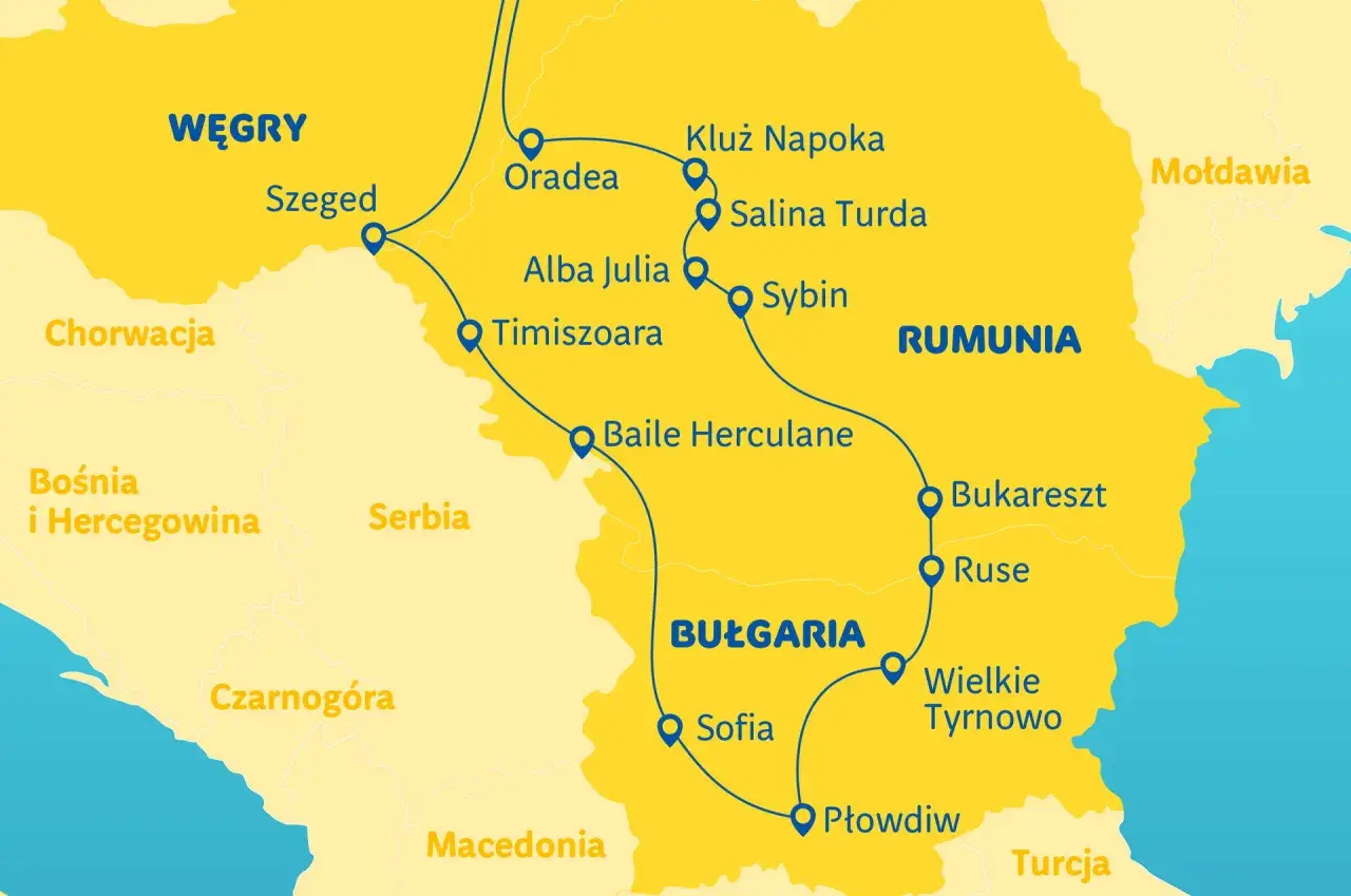 Mapa Europy Środkowej z zaznaczonymi trasami podróży przez Węgry, Serbię i Rumunię do Bułgarii.