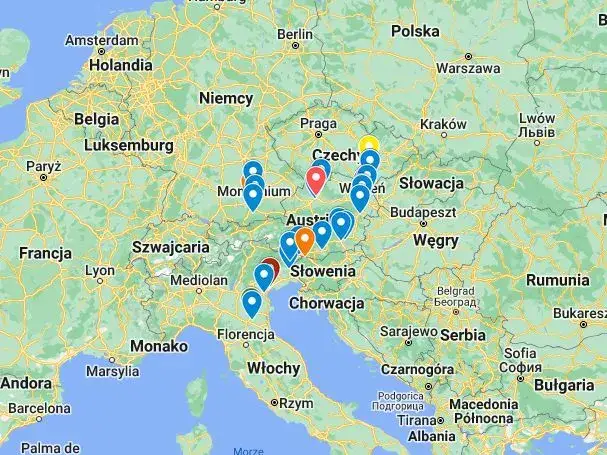 Mapa trasy Polska Toskania samochodem Czechy Austria Niemcy