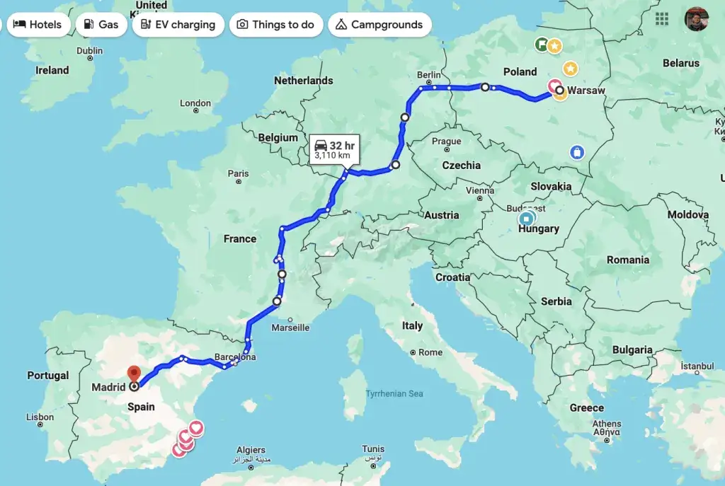 Mapa trasy Polska Hiszpania przez Niemcy i Francję