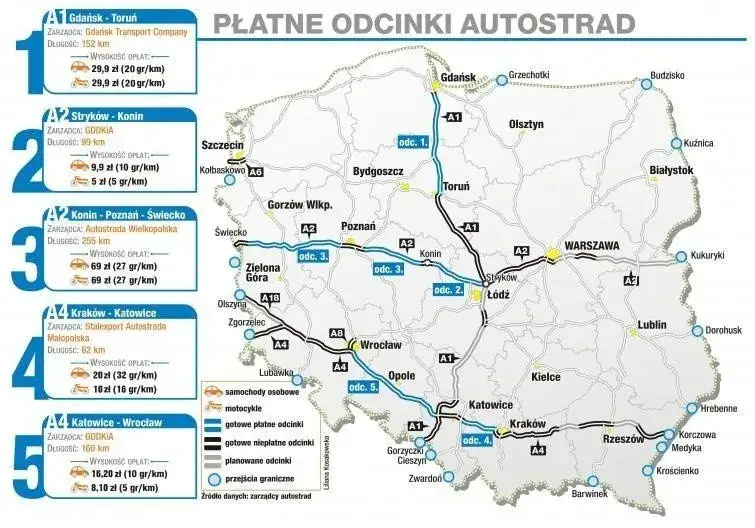 Mapa autostrady A4 z zaznaczonymi płatnymi odcinkami i bramkami