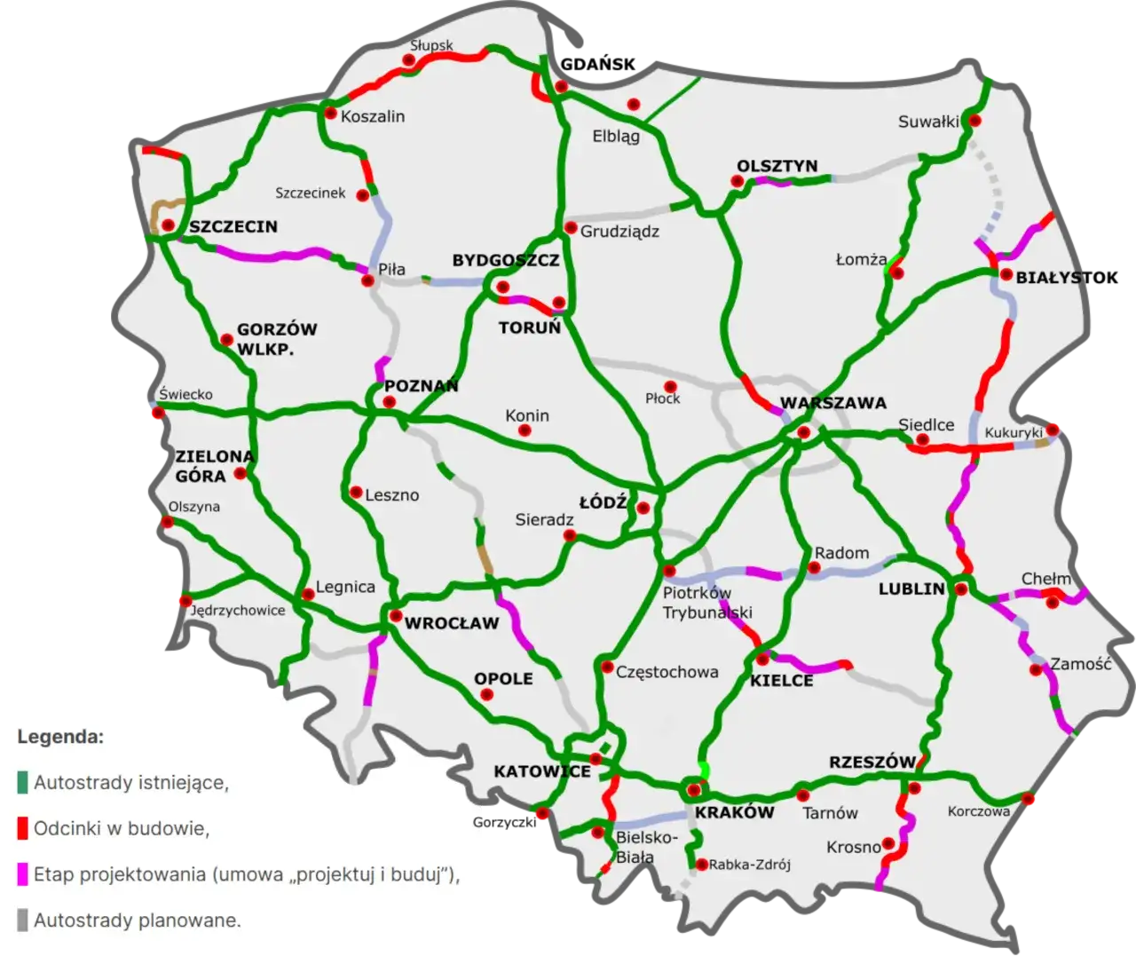 Mapa autostrad płatnych i bezpłatnych Polska