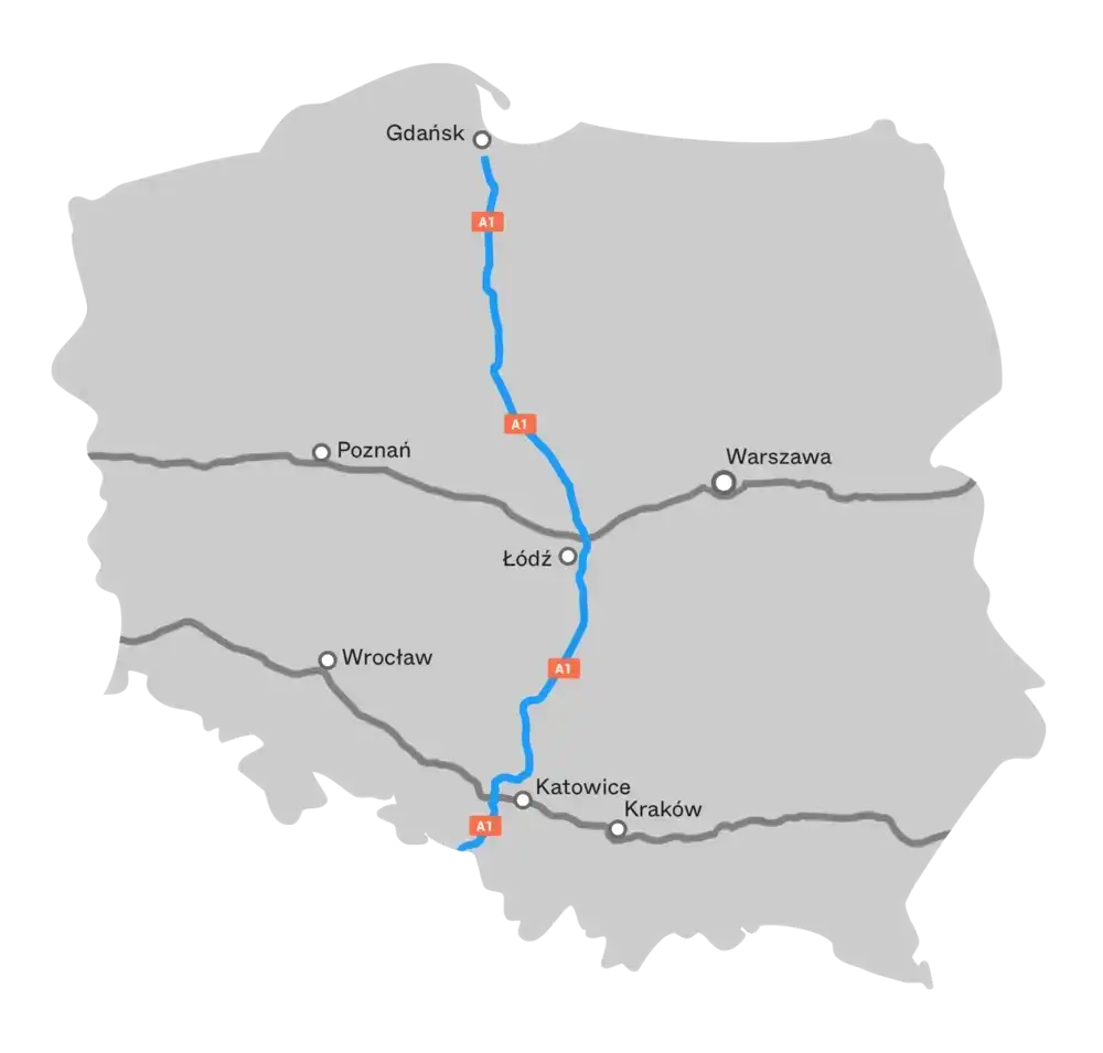 Mapa płatnego odcinka autostrady A1 Gdańsk Toruń AmberOne