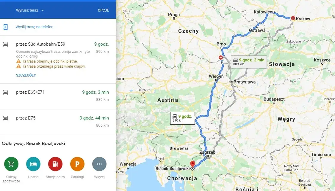 Mapa trasy Polska Chorwacja przez Austrię