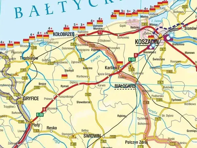 Mapa tras samochodowych do Kołobrzegu z r&oacute;żnych miast Polski