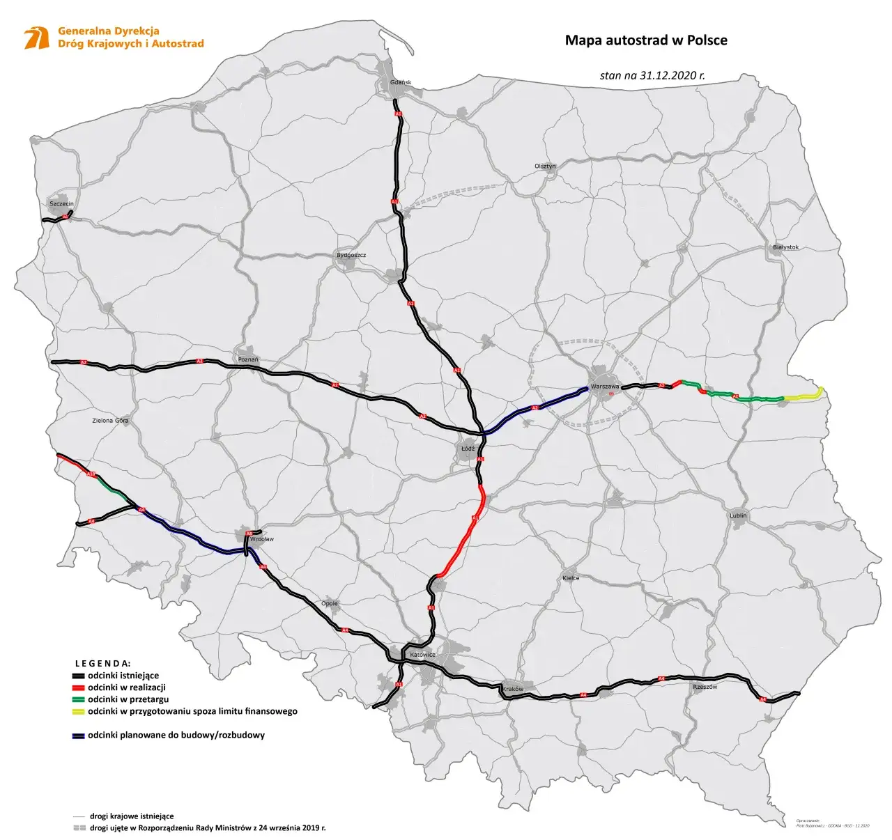 Mapa autostrad A1 i A2 w Polsce
