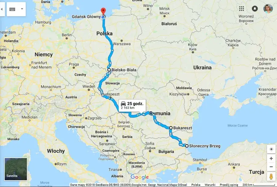 Mapa trasy Polska Bułgaria przez Serbię i Rumunię