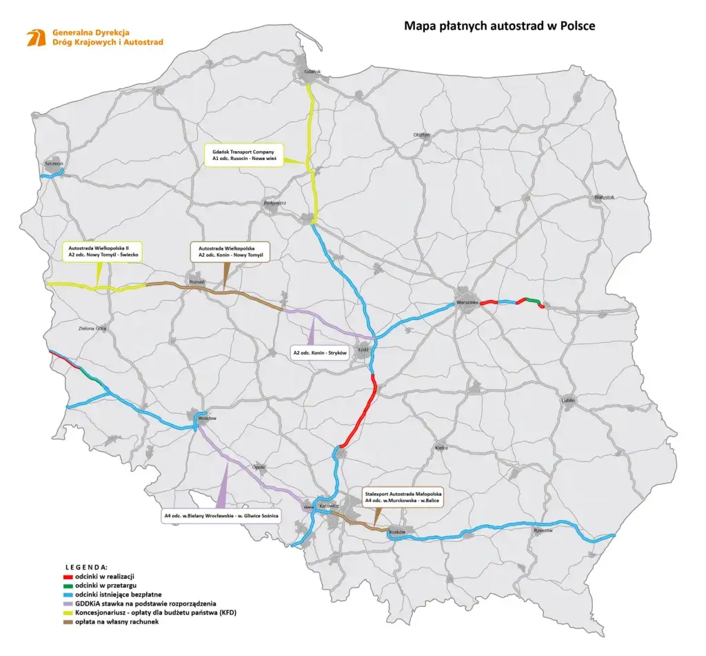 Mapa autostrady A2 z zaznaczonymi odcinkami płatnymi i bezpłatnymi