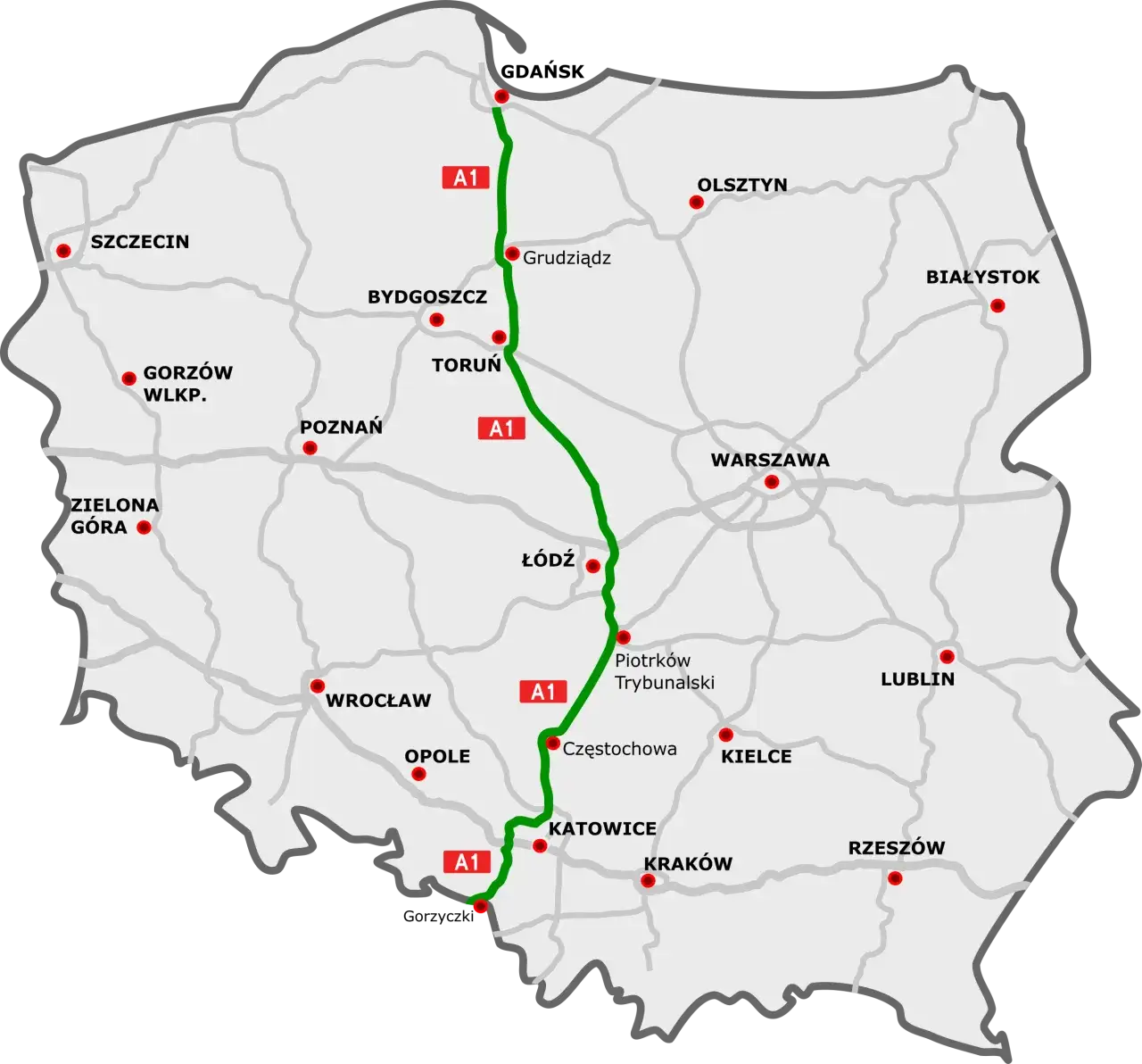 Mapa płatnego odcinka autostrady A1 Rusocin Nowa Wieś z zaznaczonymi MPO
