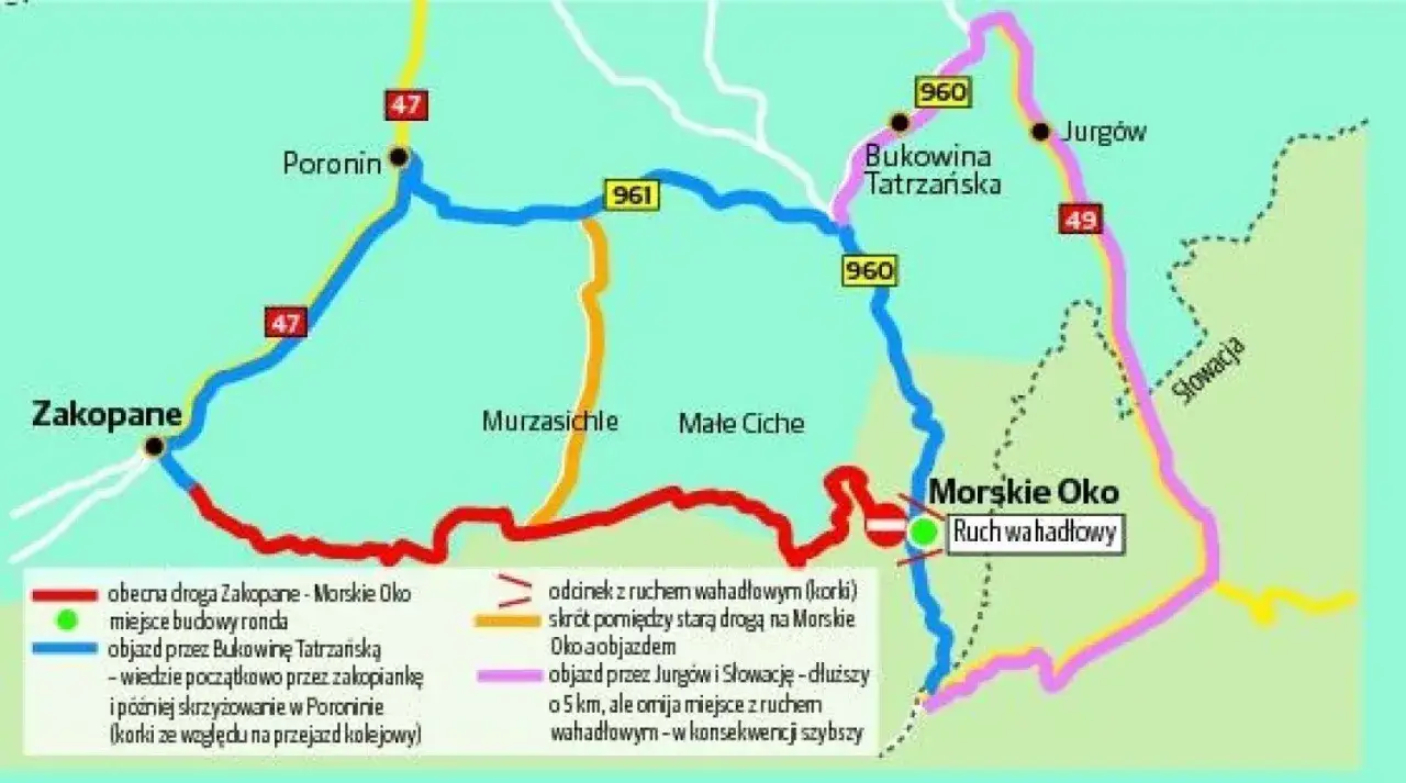 Mapa Zakopianki z zaznaczonymi miejscami korków