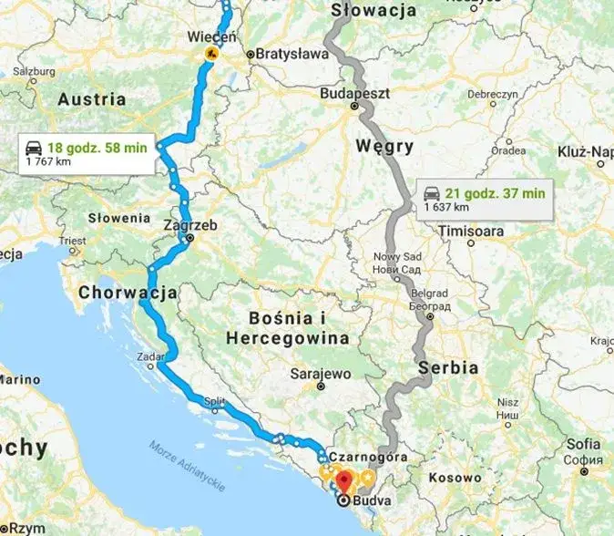 Mapa trasy Polska Czarnogóra przez Serbię