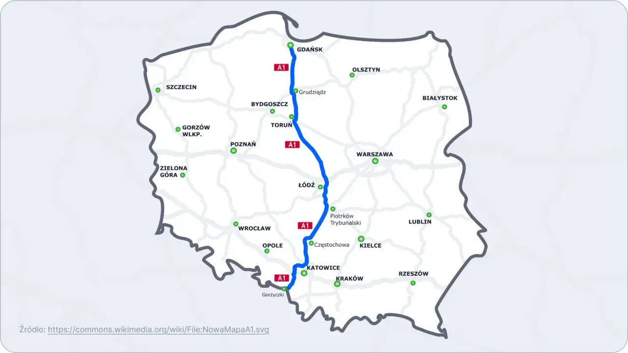 Mapa bezpłatnego odcinka autostrady A1 Toruń Gorzyczki