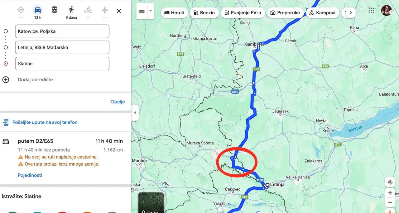 mapa trasy Gdańsk Chorwacja z zaznaczonymi krajami winiet