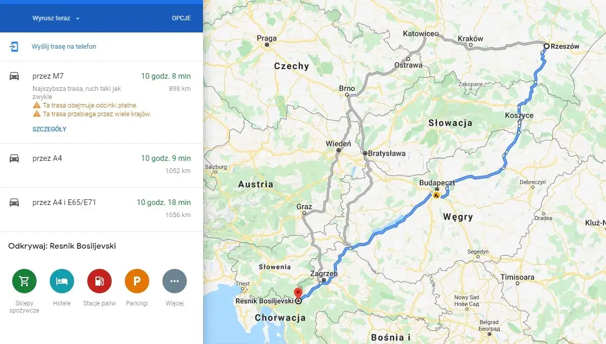 Mapa trasy Warszawa Chorwacja por&oacute;wnanie