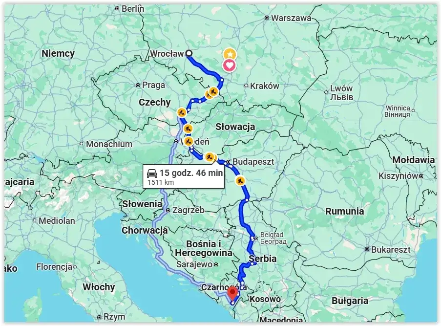Mapa trasy Polska Czarnogóra przez Austrię Chorwację