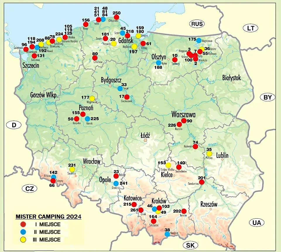 mapa Polski z zaznaczonymi regionami turystycznymi i cenami kempingów