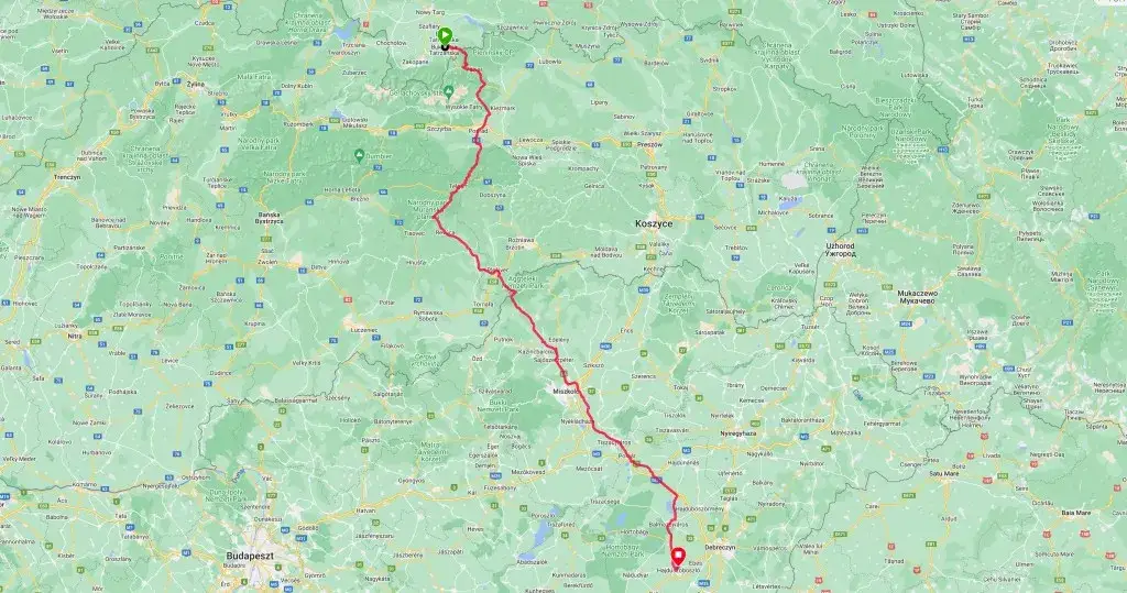 Mapa trasy Polska Węgry Hajduszoboszlo