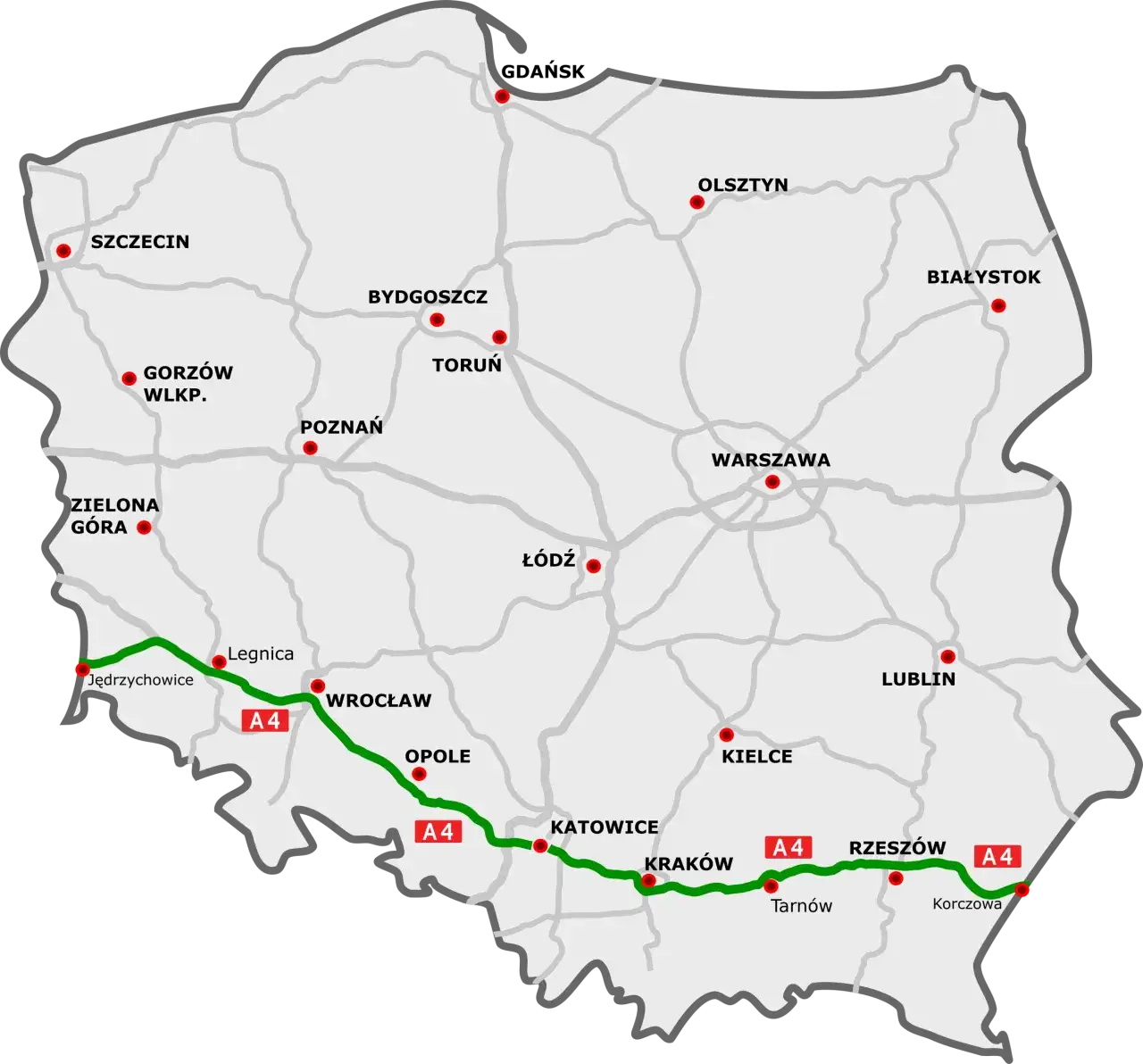 Mapa płatnych i bezpłatnych odcinków autostrady A4 w Polsce