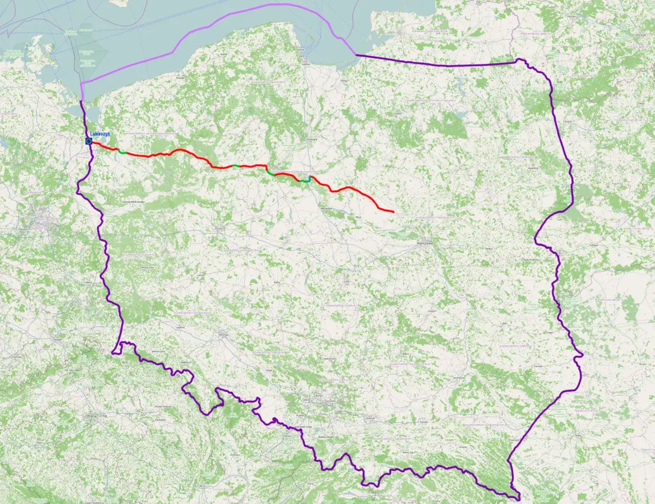 Mapa trasy Warszawa Kołobrzeg bezpłatna DK10 S5
