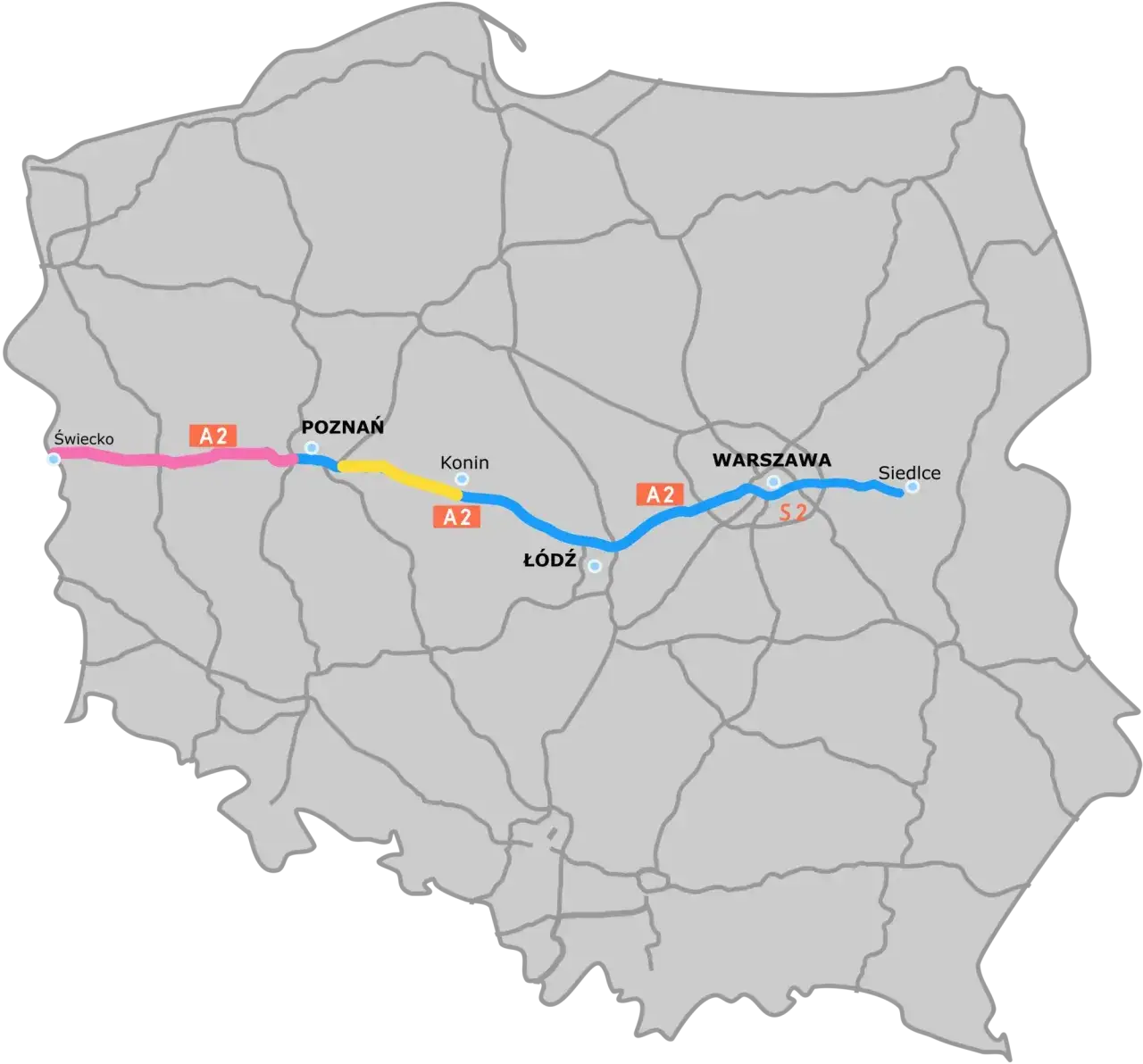 Mapa autostrady A2 z podziałem na odcinki e-TOLL i koncesyjne