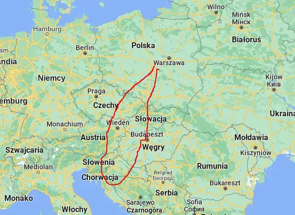 mapa trasy polska chorwacja czechy austria słowenia